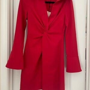 Cinq à Sept Red Plunge Bell Sleeve Cocktail Dress